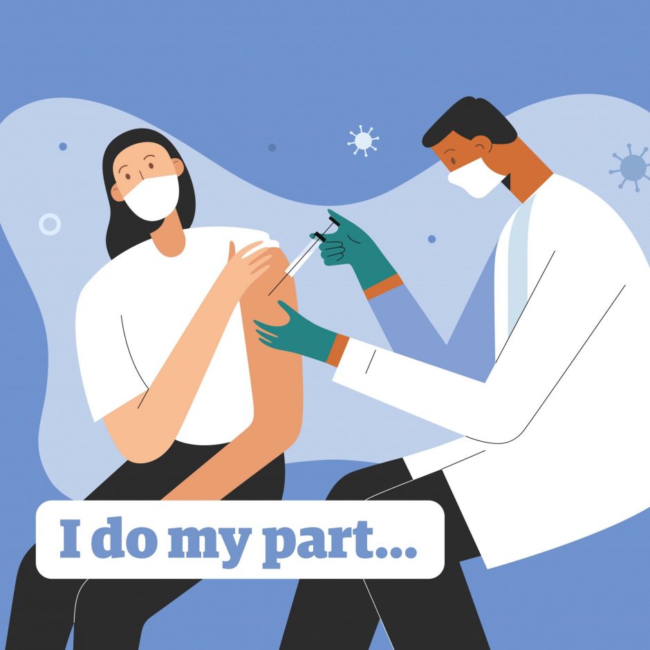 Illustration of woman pulling up sleeve to receive vaccine shot, with stylized text 'I do my part' overlayed